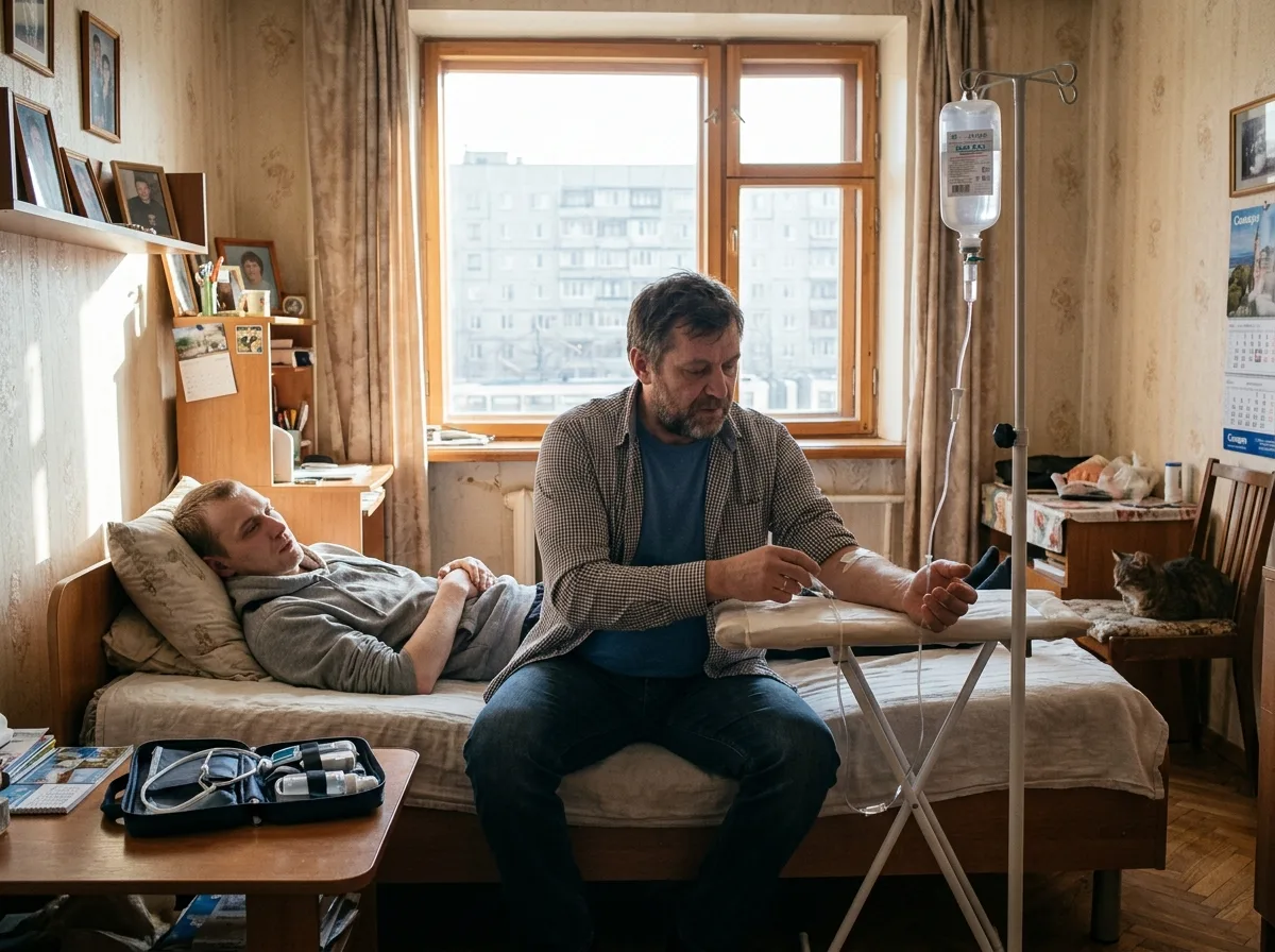 Врач-нарколог в гражданской одежде приезжает на дом к пациенту в Самаре, ставит капельницу, светлая квартира, профессиональная обстановка, доверительная атмосфера