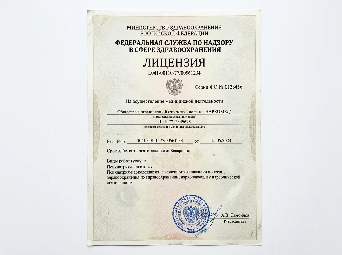 Скан медицинской лицензии Росздравнадзора на осуществление наркологической деятельности, официальный документ на белом фоне, печать, подпись