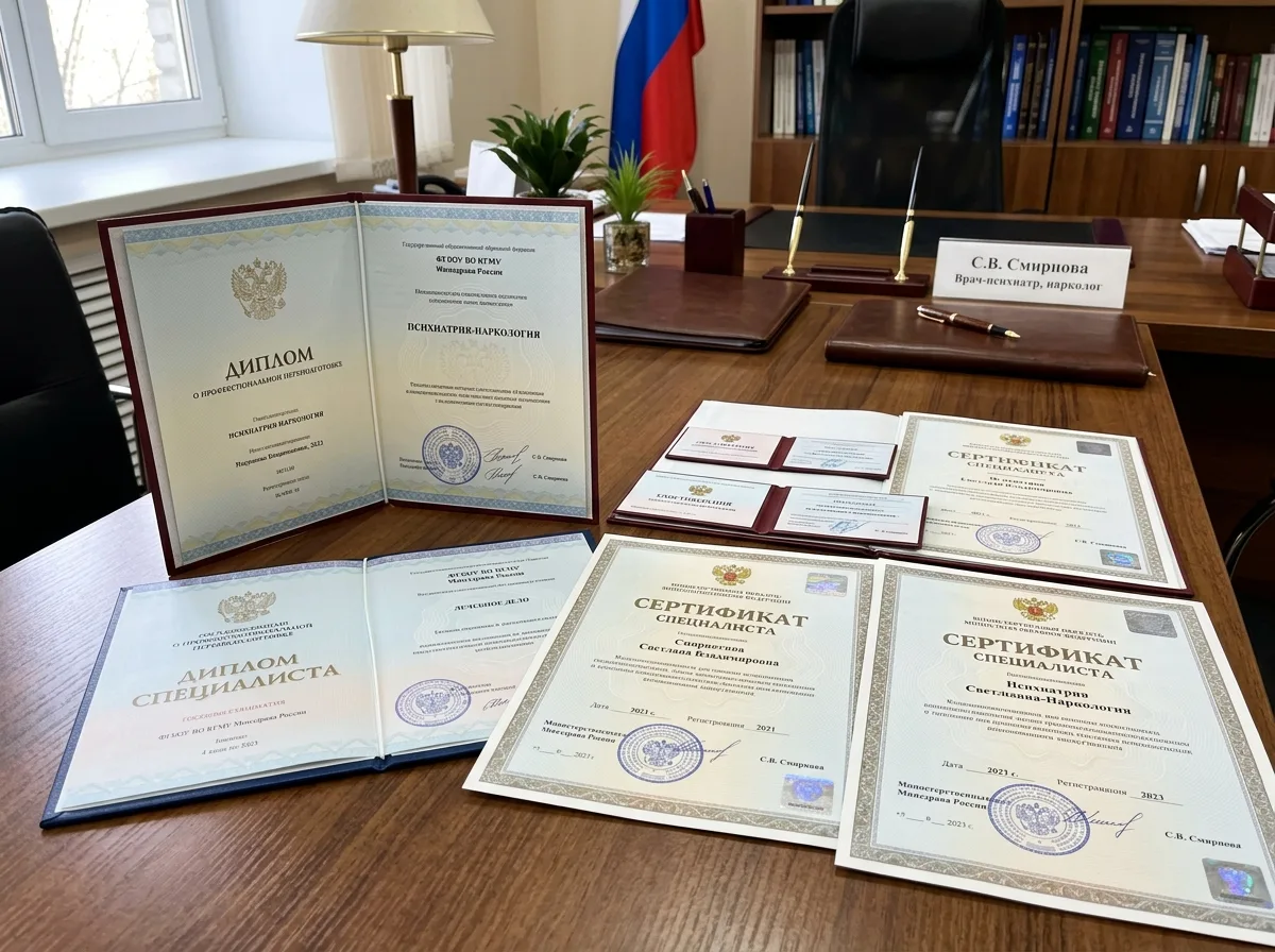 Дипломы и сертификаты врачей-наркологов и психиатров, государственный образец, разложены на столе, официальная обстановка