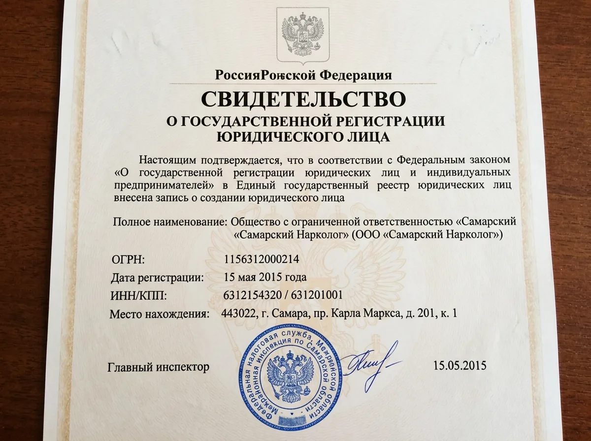 Свидетельство о государственной регистрации юридического лица ООО Самарский Нарколог, официальный документ налоговой службы