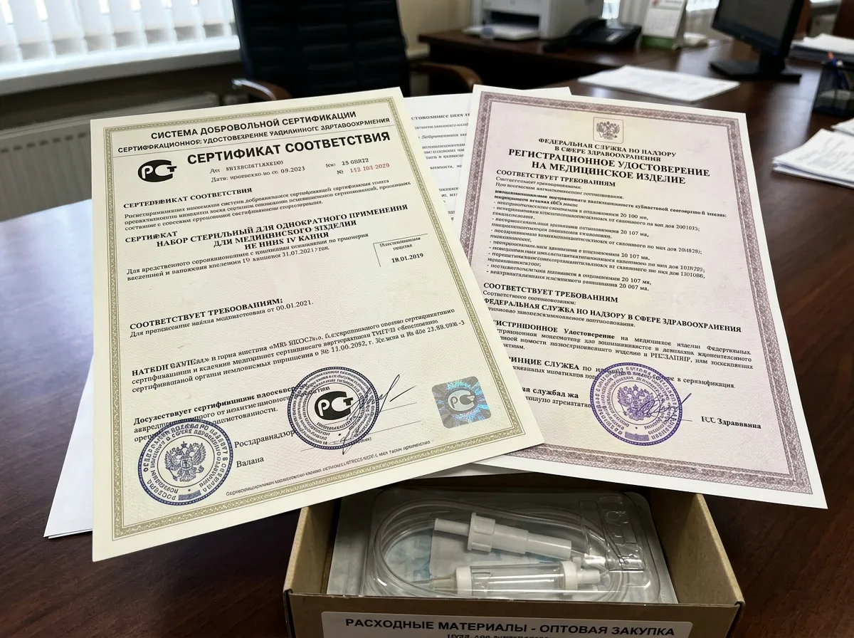 Сертификаты качества и соответствия на медицинские препараты и расходники для капельниц, официальные документы, печати Росздравнадзора